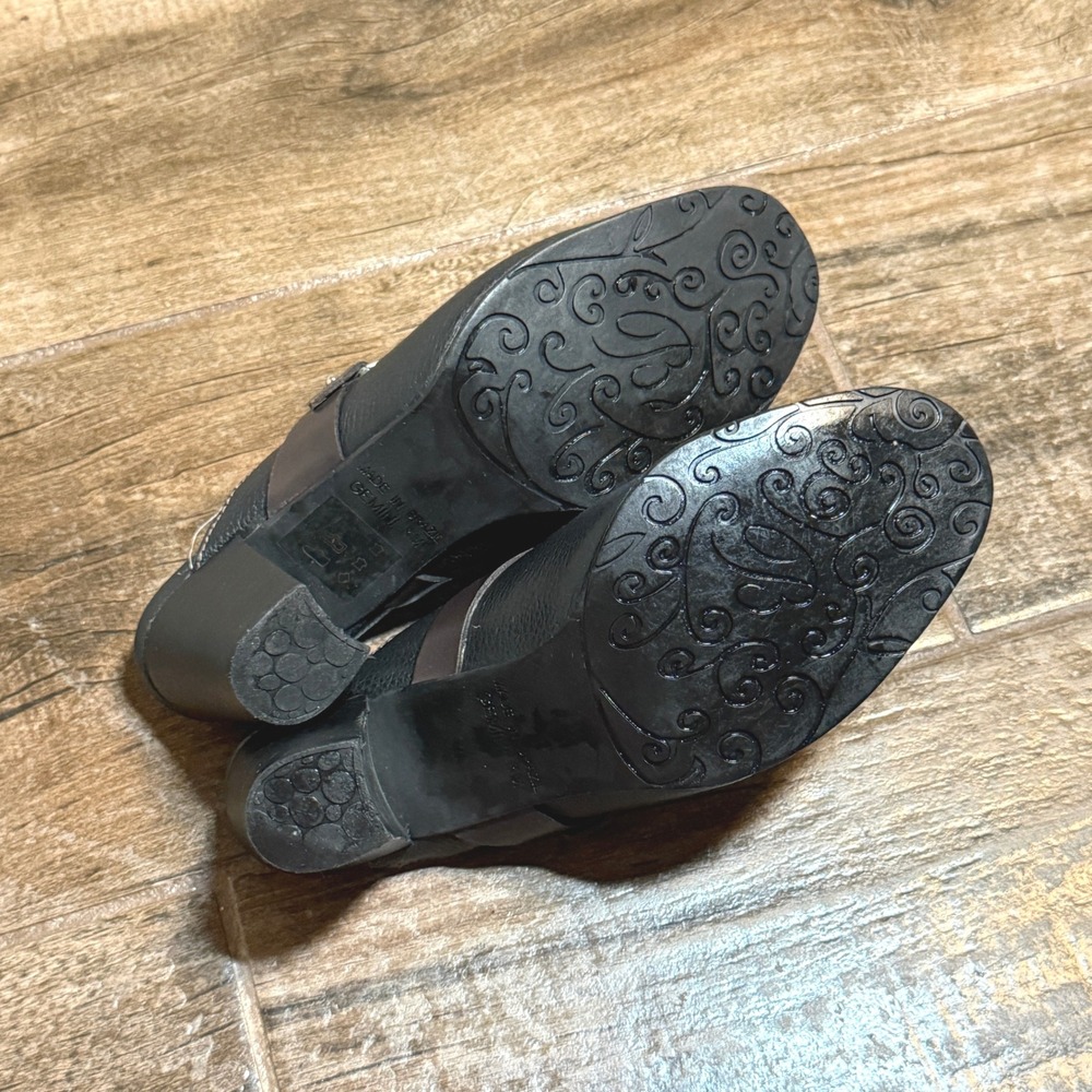Brighton Vintage Gemini Pebbled Leather Horsebit Block Heel Mules, Black Brown,8 - Picture 8 of 10